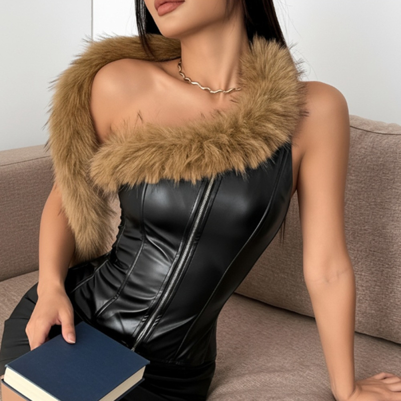 PU kožni tube top bez ramena s kostima u ribljem uzoru, uski kroj, kratka duljina 40–50 cm, jednobojni uzorak, poliester materijal