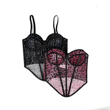 Sutien leopard print cu plasă dantelată, schelet fishbone, croială mulată, microelastic