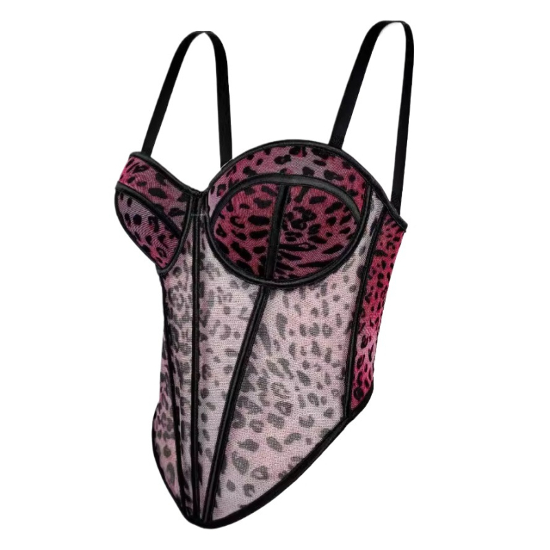 Sutien leopard print cu plasă dantelată, schelet fishbone, croială mulată, microelastic