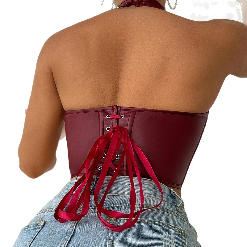 Halter top korset, uski kroj, kostno ojačanje, prednji gumbi, PU kožni kamizol