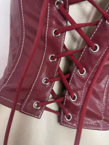 Bustier top s čipkastim stilom, stražnji remeni, kostna potpora struka, kratka duljina, umjetna koža