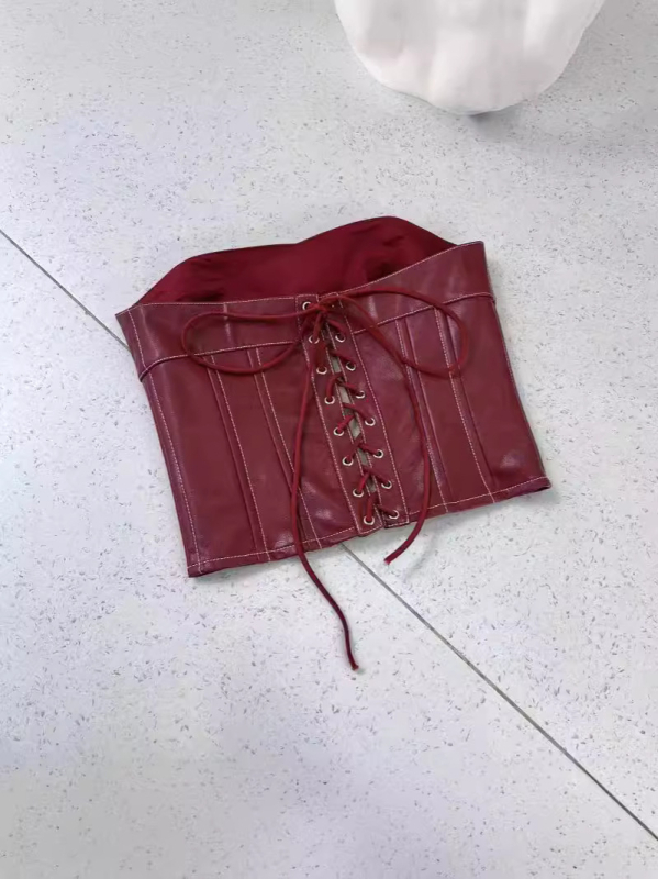 Bustier top s čipkastim stilom, stražnji remeni, kostna potpora struka, kratka duljina, umjetna koža