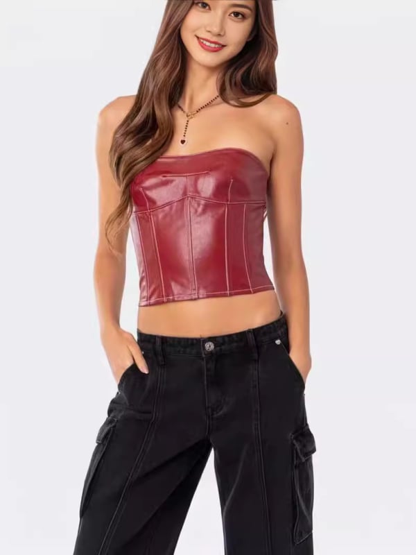 Bustier top s čipkastim stilom, stražnji remeni, kostna potpora struka, kratka duljina, umjetna koža