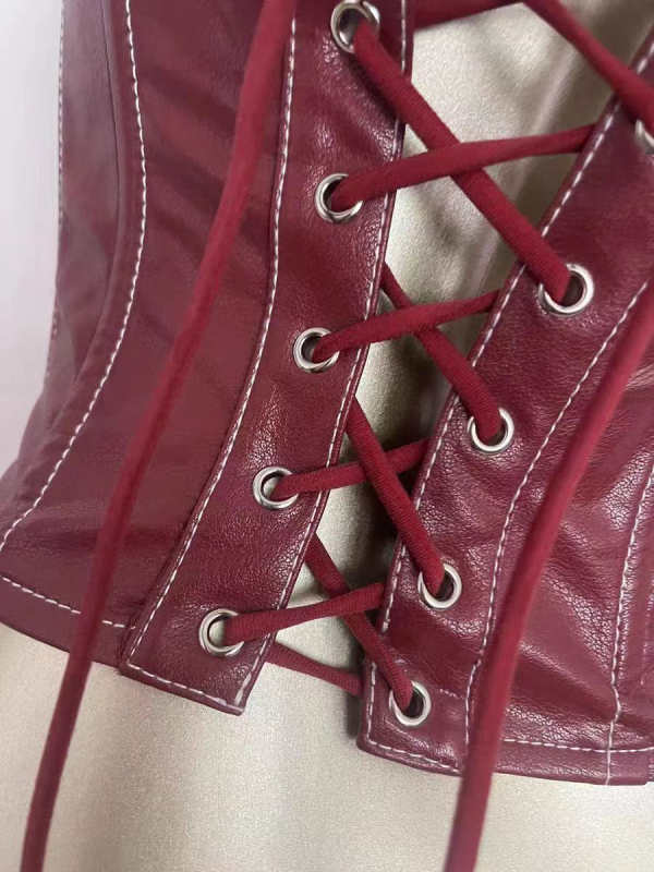 Bustier top s čipkastim stilom, stražnji remeni, kostna potpora struka, kratka duljina, umjetna koža