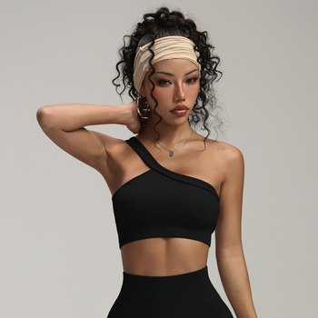 Moterų jogos viršus vienam pečiui, halterio kaklo, 3/4 puodeliai, šoninis sagtis, medžiaga: nailonas 90% + spandeksas 10%.