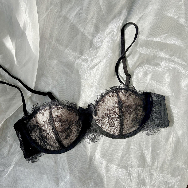 Sutien cu dantelă eyelash în stil franțuzesc, cupă jumătate, cu sârmă subțire, respirabil și confortabil, cu formă subțire