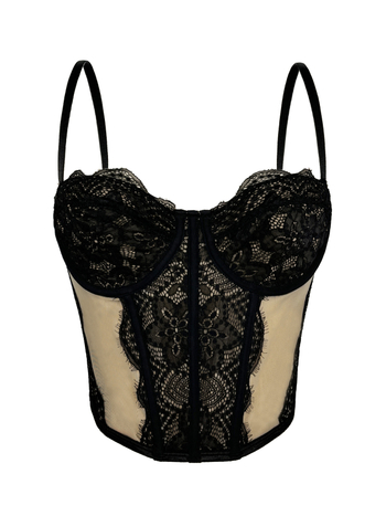 Montisha čipkasti bustier top s mrežicom – poluprozirni, sling stil, uski kroj, odvojive naramenice