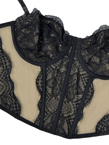 Montisha čipkasti bustier top s mrežicom – poluprozirni, sling stil, uski kroj, odvojive naramenice