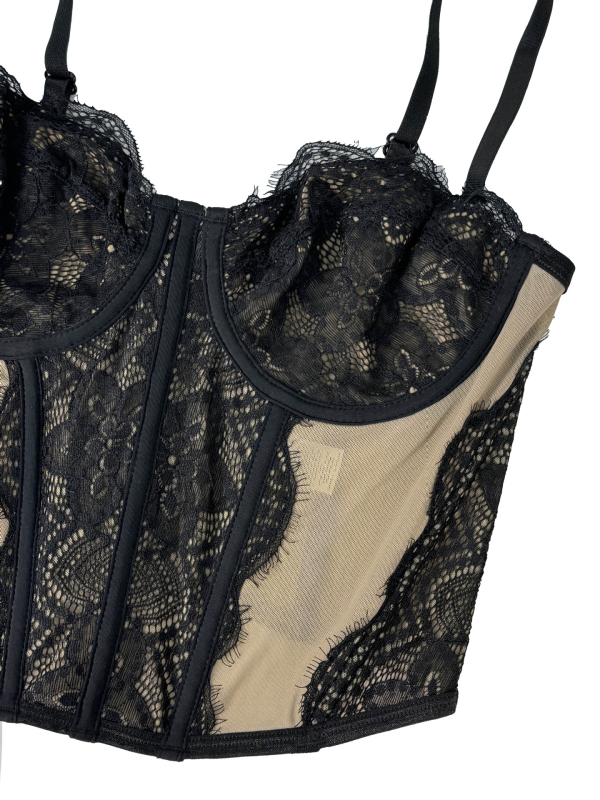 Montisha čipkasti bustier top s mrežicom – poluprozirni, sling stil, uski kroj, odvojive naramenice