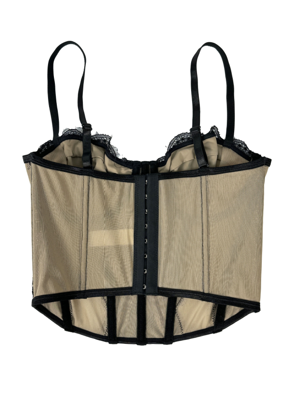 Montisha čipkasti bustier top s mrežicom – poluprozirni, sling stil, uski kroj, odvojive naramenice