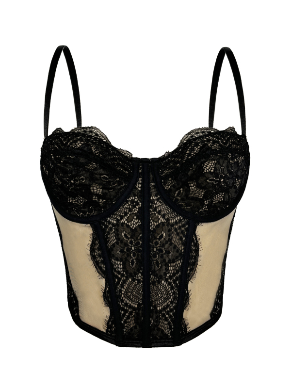 Montisha čipkasti bustier top s mrežicom – poluprozirni, sling stil, uski kroj, odvojive naramenice