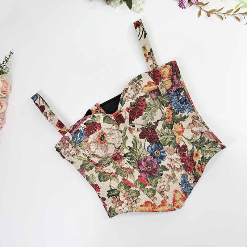 Корсет за оформяне на фигурата с рибени кости и връзки, бюстиеър с открити рамене и подвижни халтер презрамки, бродерия