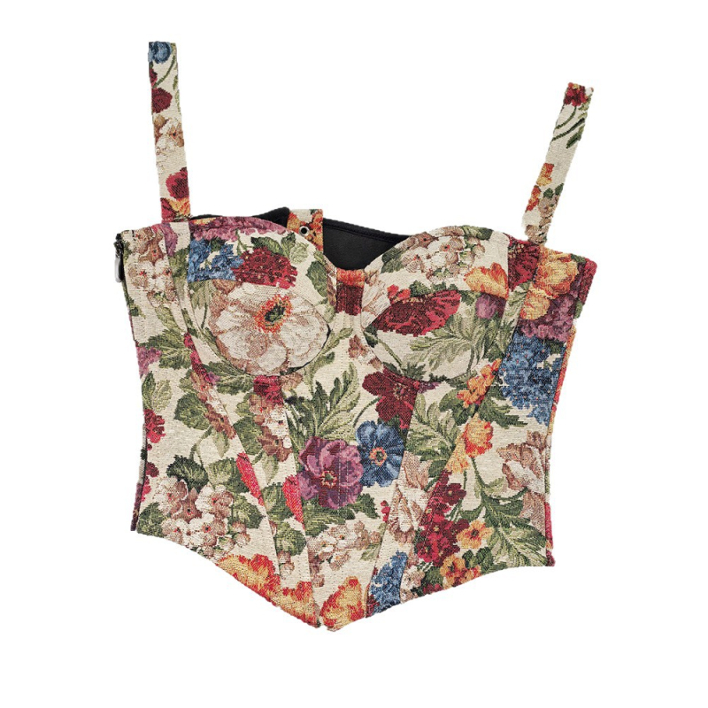 Корсет за оформяне на фигурата с рибени кости и връзки, бюстиеър с открити рамене и подвижни халтер презрамки, бродерия