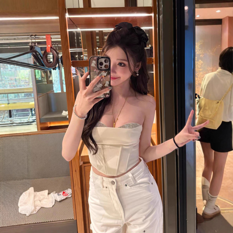 Tube top bez naramenica, korejskog stila, s rhinestones i uzorkom ribljeg kostiju, kratka majica (polyester; ultra kratka duljina ≤40 cm; mikroelastičnost; tip struka)