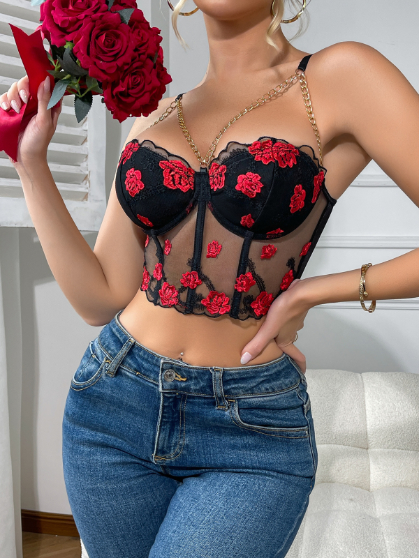 Camisole top s cvjetnim vezom, uski kroj, ultra kratka duljina do 40 cm, poliester sa spandeksom