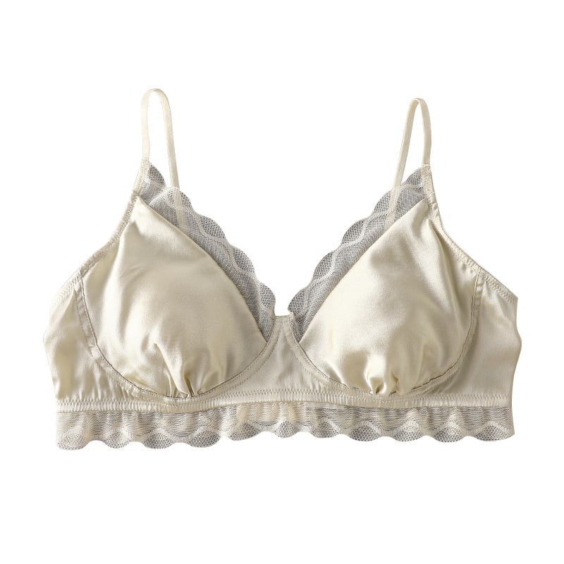 Donje rublje od Mulberry svile, prozračne trokutaste košarice s tankim oblikovnim uloškom, čipkasti rub, podstava od Mulberry svile, fiksni dvostruki naramenice