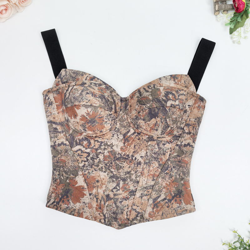 Vintage otisak s motivom ulja na platnu, halter top s odvojivim naramenicama, uski kroj, rameni otvoreni