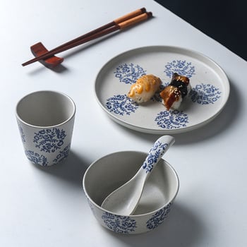 Sinine-valge kaulporcelani laua serveerimis komplekt neljast osast: kauss, lusikas, kaulplaat ja tass (Tao keraamika)