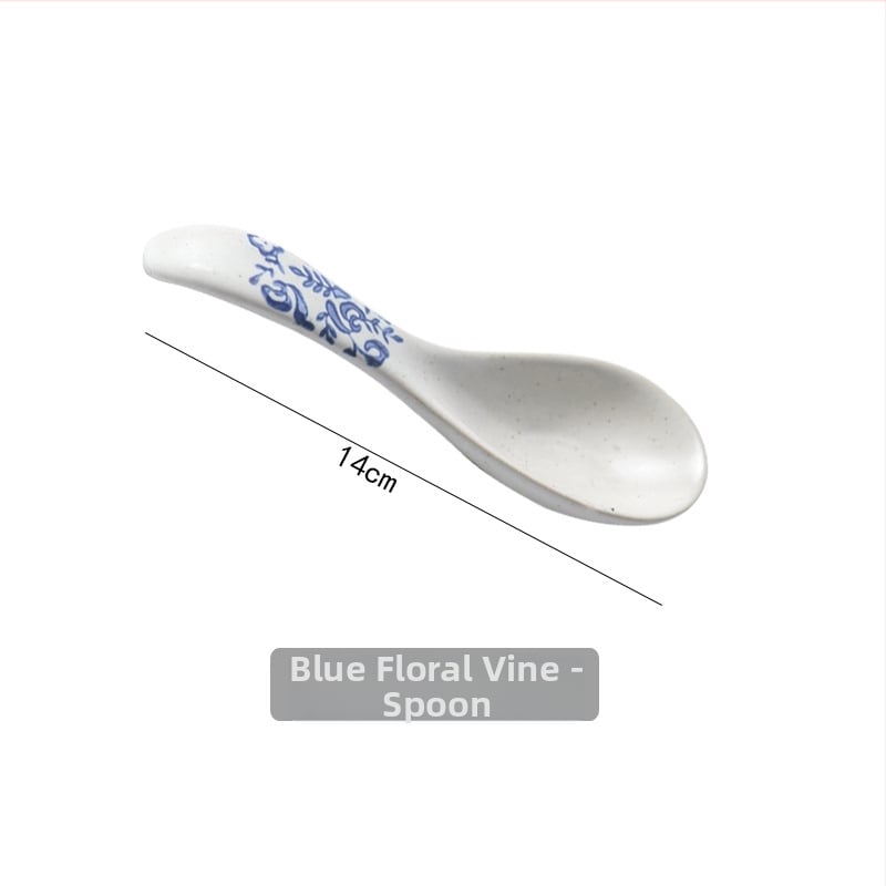 Sinine-valge kaulporcelani laua serveerimis komplekt neljast osast: kauss, lusikas, kaulplaat ja tass (Tao keraamika)