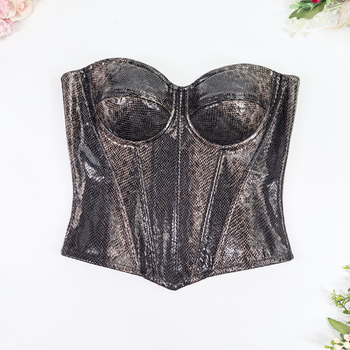 Top din PU piele cu imprimeu șarpe, corset cu osii pentru strângerea taliei, bretele detașabile, modelare a corpului