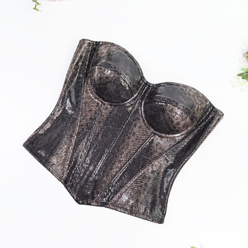 Top din PU piele cu imprimeu șarpe, corset cu osii pentru strângerea taliei, bretele detașabile, modelare a corpului