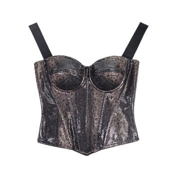 Top din PU piele cu imprimeu șarpe, corset cu osii pentru strângerea taliei, bretele detașabile, modelare a corpului