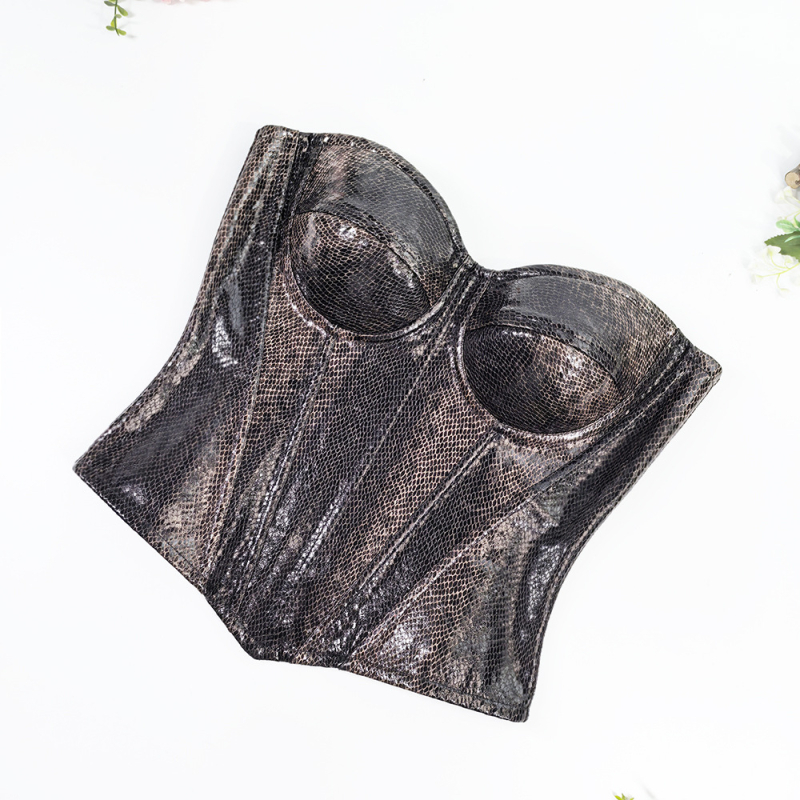 Top din PU piele cu imprimeu șarpe, corset cu osii pentru strângerea taliei, bretele detașabile, modelare a corpului