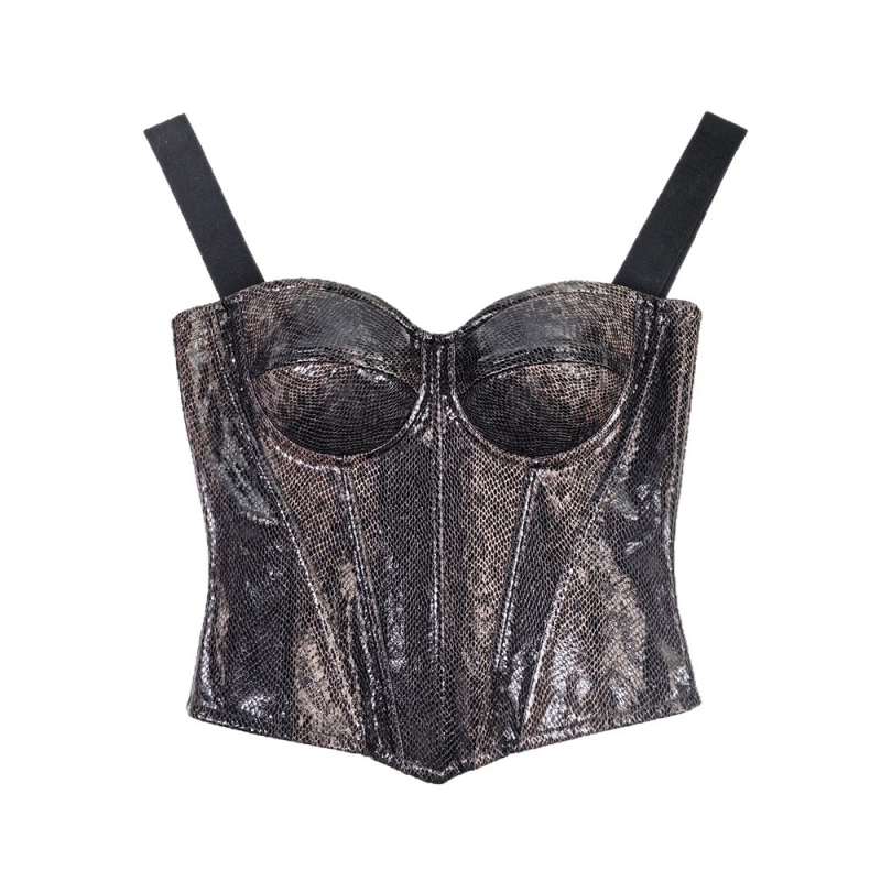 Top din PU piele cu imprimeu șarpe, corset cu osii pentru strângerea taliei, bretele detașabile, modelare a corpului