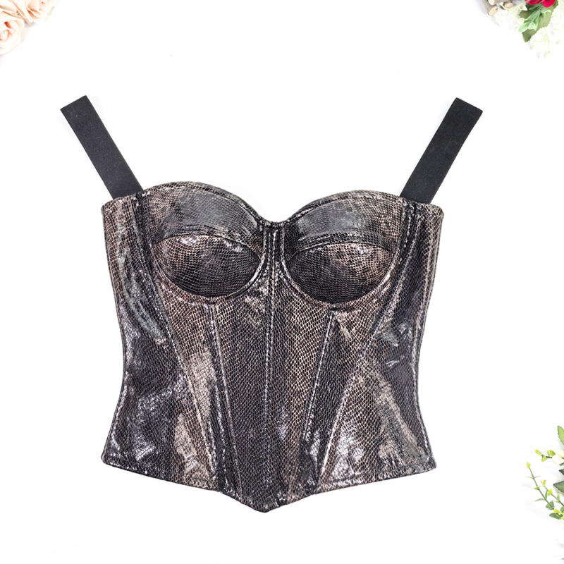 Top din PU piele cu imprimeu șarpe, corset cu osii pentru strângerea taliei, bretele detașabile, modelare a corpului
