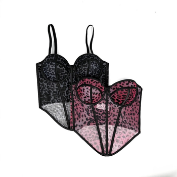 Bustier s leopard uzorkom, čipkasti, s kostima, mrežasti sloj, ultra kratka duljina, jednoremena, poliester 50–70% i elastan 50–70%