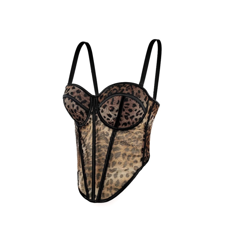 Bustier s leopard uzorkom, čipkasti, s kostima, mrežasti sloj, ultra kratka duljina, jednoremena, poliester 50–70% i elastan 50–70%