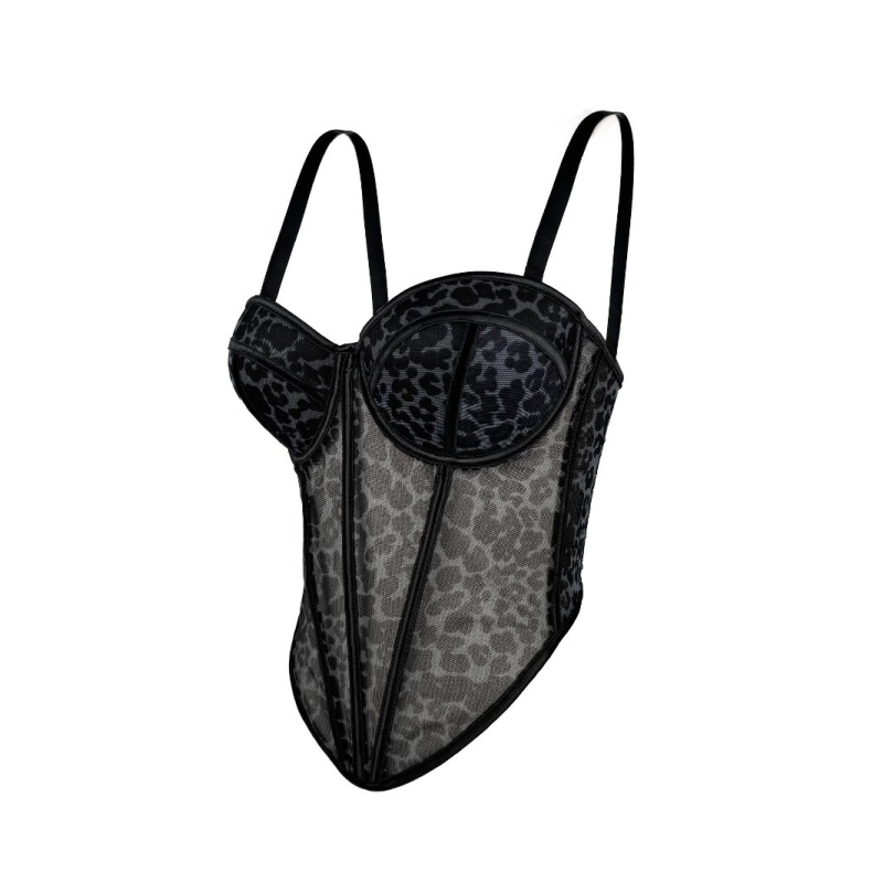 Bustier s leopard uzorkom, čipkasti, s kostima, mrežasti sloj, ultra kratka duljina, jednoremena, poliester 50–70% i elastan 50–70%