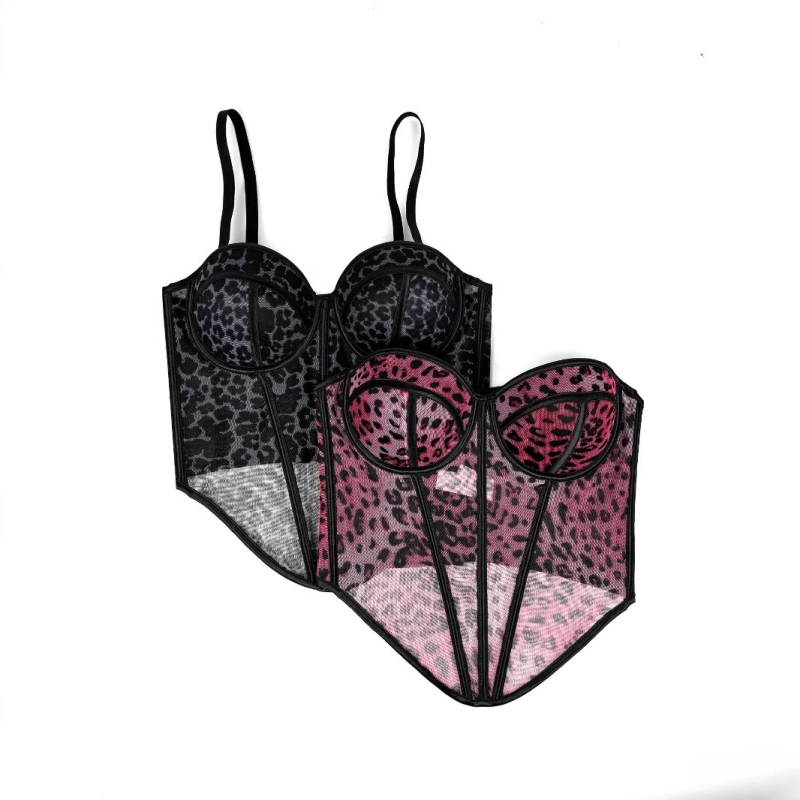 Bustier s leopard uzorkom, čipkasti, s kostima, mrežasti sloj, ultra kratka duljina, jednoremena, poliester 50–70% i elastan 50–70%