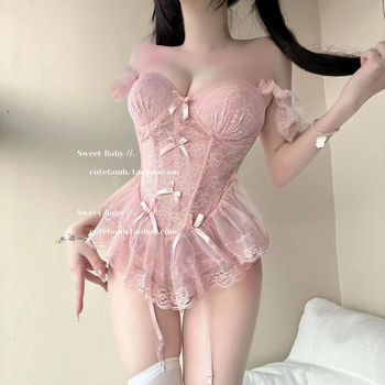 Set donjeg rublja od poliestera s čipkom, korzet s ribljim kostima i mašnicom; za žene; sladak djevojački stil; proljeće 2024; 95–100% poliester.
