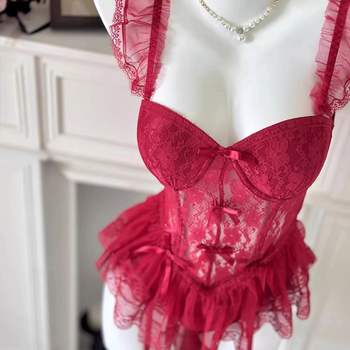 Set donjeg rublja od poliestera s čipkom, korzet s ribljim kostima i mašnicom; za žene; sladak djevojački stil; proljeće 2024; 95–100% poliester.