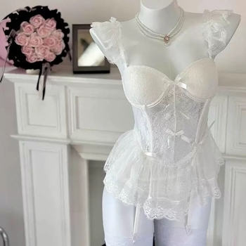 Set donjeg rublja od poliestera s čipkom, korzet s ribljim kostima i mašnicom; za žene; sladak djevojački stil; proljeće 2024; 95–100% poliester.