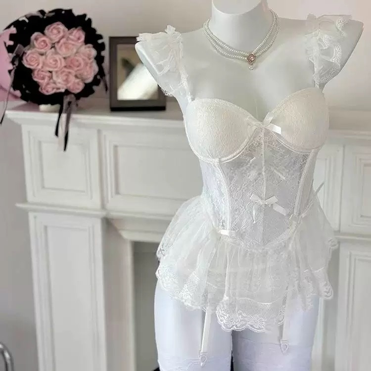 Set donjeg rublja od poliestera s čipkom, korzet s ribljim kostima i mašnicom; za žene; sladak djevojački stil; proljeće 2024; 95–100% poliester.