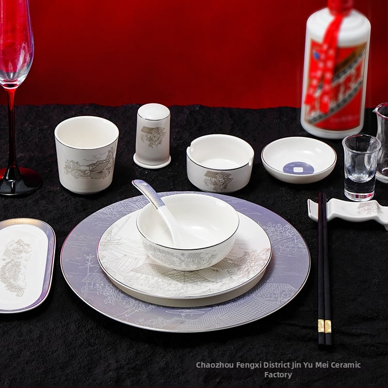 Portselanist hotellilaua serveerimiskomplekt, hiina stiil, glasuurpind, kohandamine ja logotüübi trükkimine