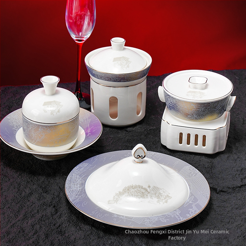 Porcelánový servis pre hotelové stoly, čínsky štýl, glazúrovaný povrch, možnosť prispôsobenia a tlače loga