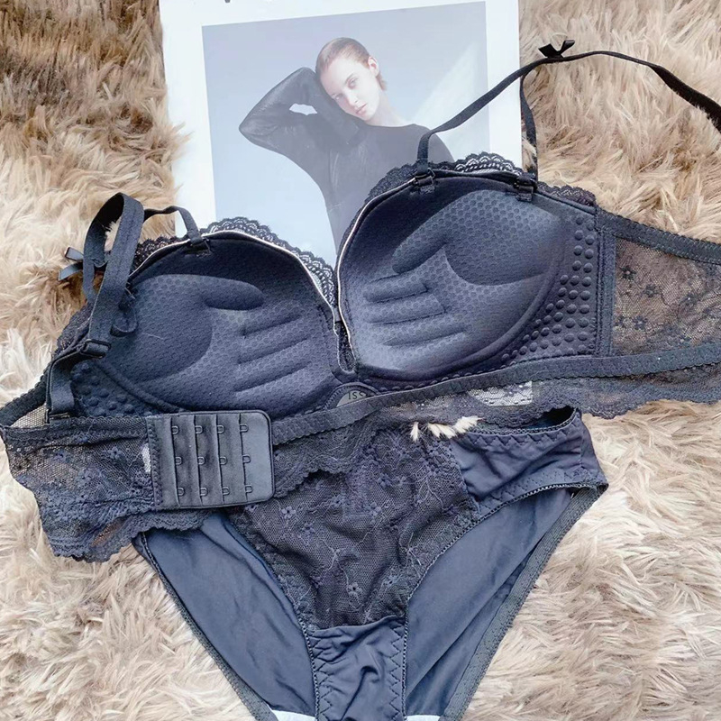 Čipkasti push-up grudnjak set, 3/4 šalice, glavni materijal najlon, oblik s tankim gornjim dijelom i debelim donjim dijelom, fiksne dvostruke naramenice