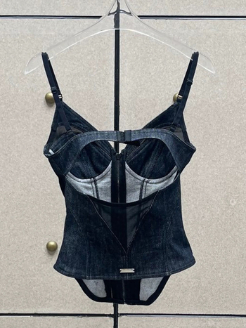 Denim kamizol s mrežastom čipkom, otvorena leđa, zatvarač, struk s motívom riblje kostiju