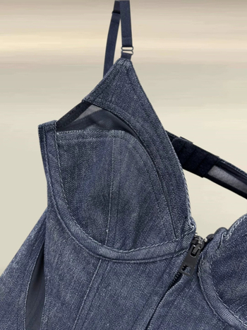 Denim kamizol s mrežastom čipkom, otvorena leđa, zatvarač, struk s motívom riblje kostiju