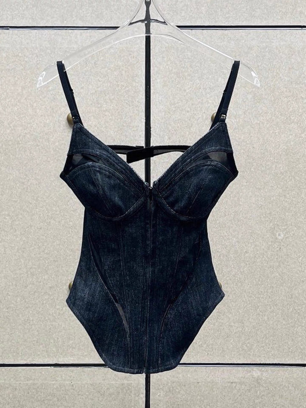 Denim kamizol s mrežastom čipkom, otvorena leđa, zatvarač, struk s motívom riblje kostiju