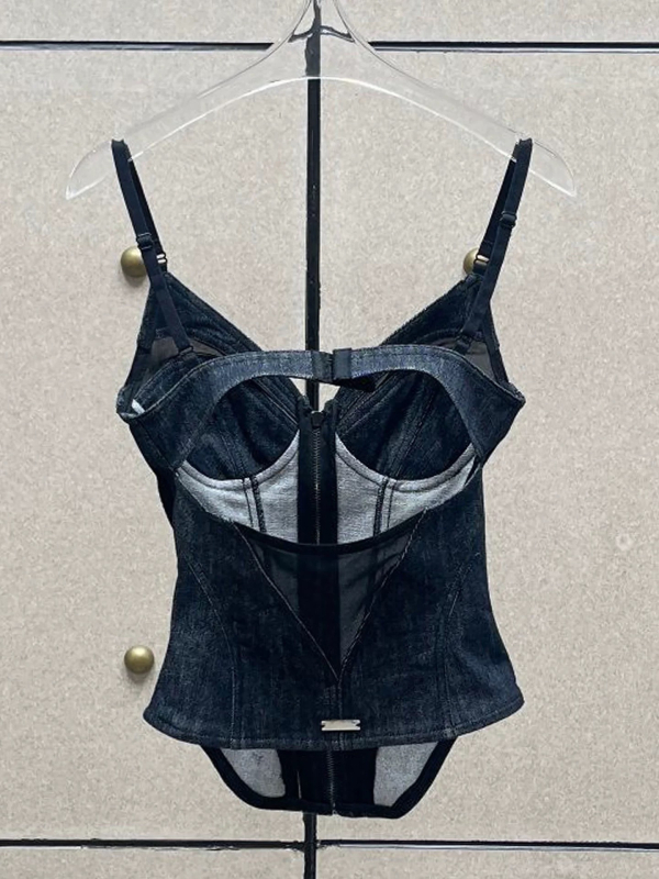 Denim kamizol s mrežastom čipkom, otvorena leđa, zatvarač, struk s motívom riblje kostiju