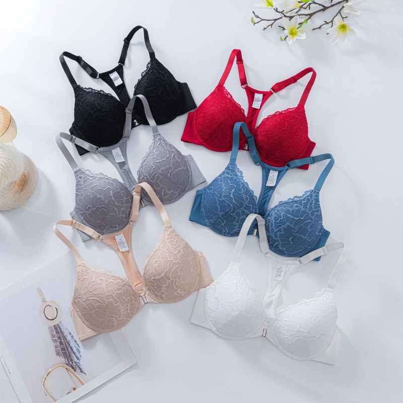 Mezgline liemenėlė su priekinio užsegimo, 3/4 taurė, plonos formuojamos taurės, fiksuoti dvigubi dirželiai, Europos ir Amerikos stilius