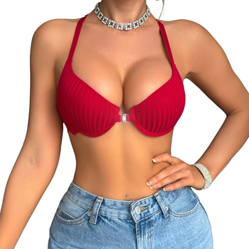 Priekinio užsegimo push-up liemenėlė, 3/4 puodelio, fiksuotos haltero petnešos, gražus nugaros kontūras, pagrindinis audinys nailonas 90–95%