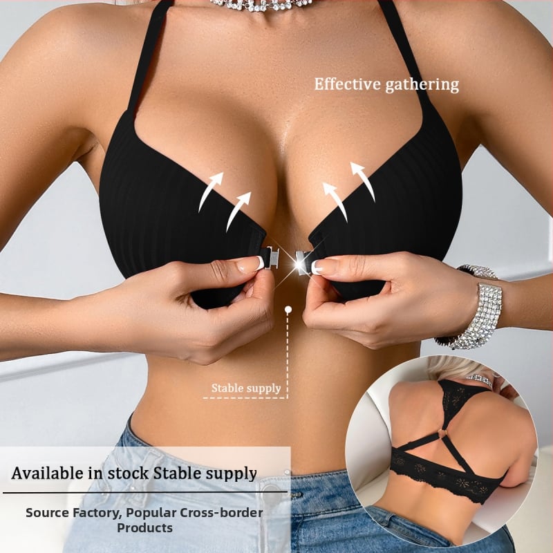 Priekinio užsegimo push-up liemenėlė, 3/4 puodelio, fiksuotos haltero petnešos, gražus nugaros kontūras, pagrindinis audinys nailonas 90–95%