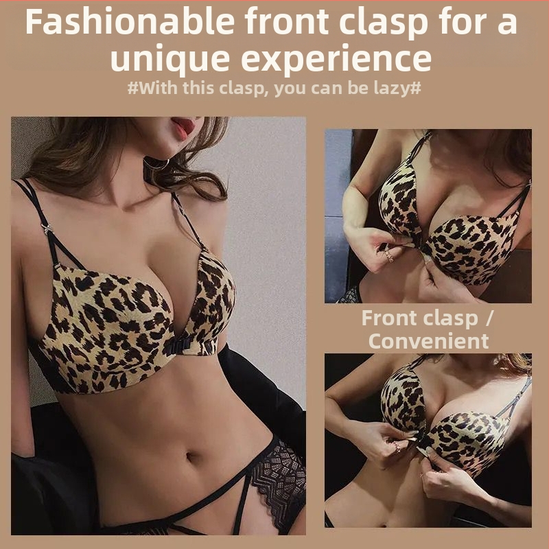 Leopardí tlač push-up podprsenka set z nylonu, 3/4 košíček, penyové tvarované košíčky, predné zapínanie, pevné dvojité ramienka