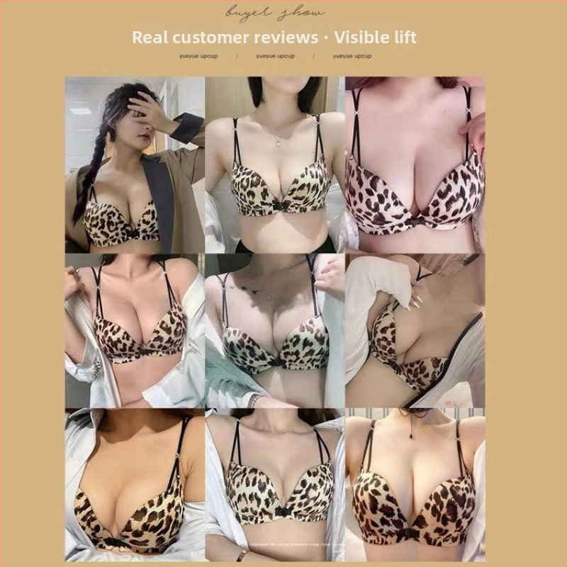 Leopardí tlač push-up podprsenka set z nylonu, 3/4 košíček, penyové tvarované košíčky, predné zapínanie, pevné dvojité ramienka