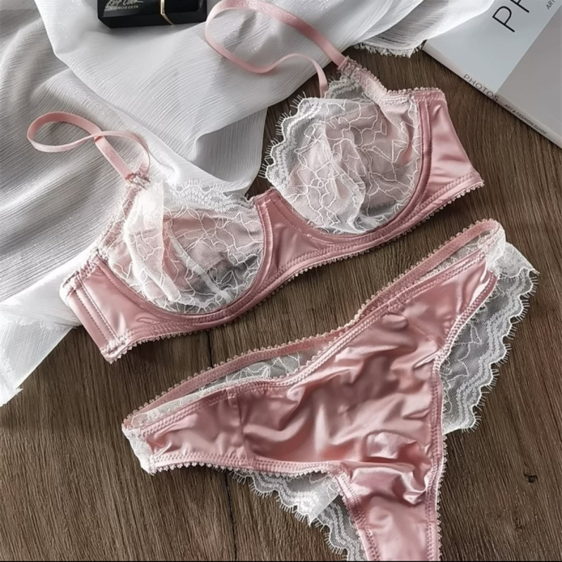 Kontrastno šivanje, ultratankom prozračna čipkasta grudnjik s čeličnim prstenom, 3/4 košarica, francuski stil, seksi čipkasti set
